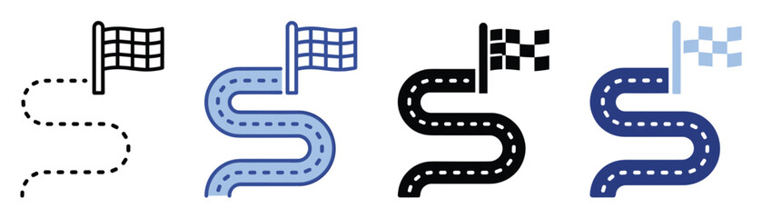 Fototapeta premium Curved road path leading to a checkered finish line flag icon symbolizing goal achievement journey