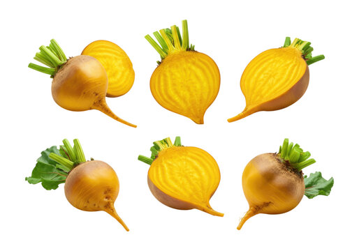 Fresh golden beets and sliced yellow beetroot with greens arranged on a transparent background