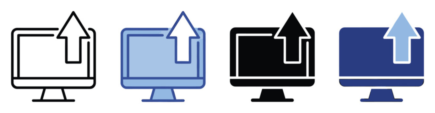 Computer screen with upload arrow icon set for data transfer and file sharing applications