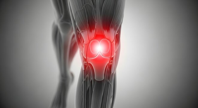 Human knee joint anatomy with red inflammation glow. Healthcare and orthopedic surgery needs. 3D illustration of leg muscles and bone structure showing chronic patellar pain.