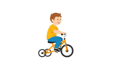 Fototapeta premium Happy young boy with brown hair riding a bright yellow tricycle on a white background, representing active childhood play and outdoor fun for kids.