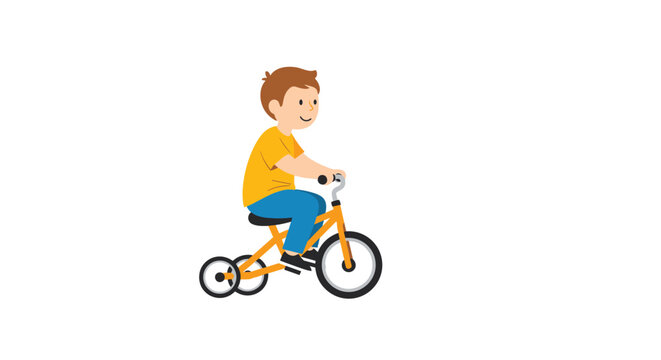 Happy young boy with brown hair riding a bright yellow tricycle on a white background, representing active childhood play and outdoor fun for kids.