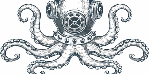 An octopus wearing a vintage diving helmet detailed engraving illustration on a white background © Dayal