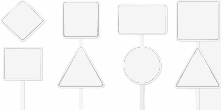 Blank road signs in various geometric shapes with white backgrounds 3d render high quality professional