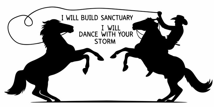 Cowboy on rearing horse silhouette with lasso western theme and inspirational quote high quality professional