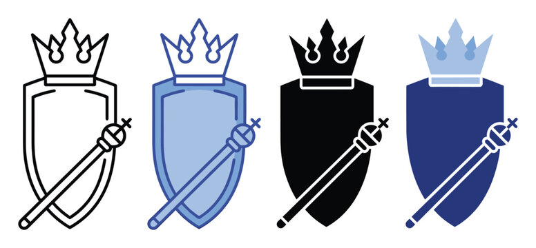 Royal crown shield and scepter icon set representing monarchy power and protection branding