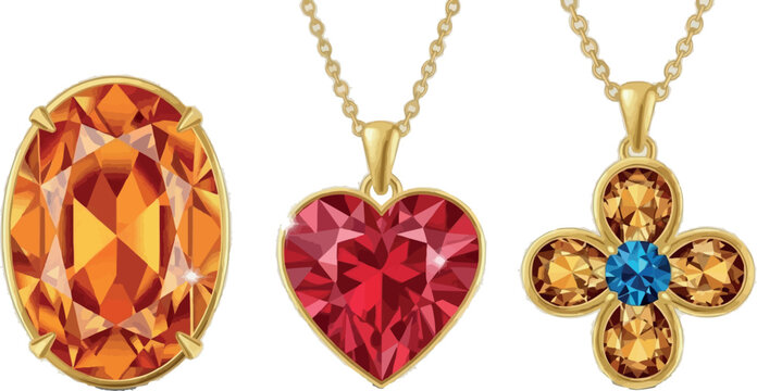 Luxury colorful gemstone jewelry collection with sparkling heart floral and oval crystal pendants vector illustration isolated background
