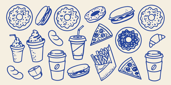 Hand drawn food doodles collection including donuts burgers pizza and drinks on a beige background