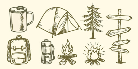 Camping equipment sketch collection with tent backpack and campfire on a beige background high quality © Dayal