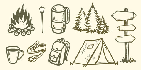 Camping equipment sketch collection with campfire tent backpack and directional sign high quality professional detailed © Dayal