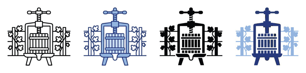 Obraz premium Stylized winemaking grape press equipment and vineyard foliage icons suitable for beverage industry branding and agricultural applications