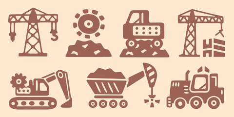 Construction equipment icons set including cranes excavators dump trucks and rock piles high quality professional © Dayal