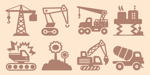 Construction equipment icons set including cranes excavators and dump trucks in a flat style © Dayal