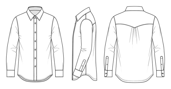 Long sleeve button down shirt flat sketch for garment technical documentation and design.