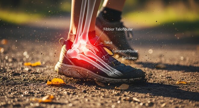 Anatomical ankle bone structure with red glowing injury spots. Sports medicine and podiatry needs. Person running in sneakers with a transparent view of foot joints and tendons.
