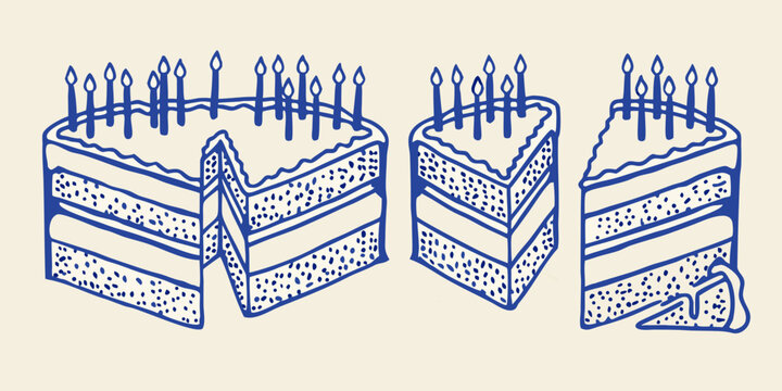 hand drawn cake illustrations with candles showing slice removed isolated on white background high quality