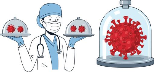 Professional doctor character wearing medical mask holding virus samples on trays and coronavirus under glass dome for laboratory research, healthcare pandemic safety, and disease control. © Aminul