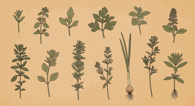 Illustrated collection of culinary herbs and plants on textured background