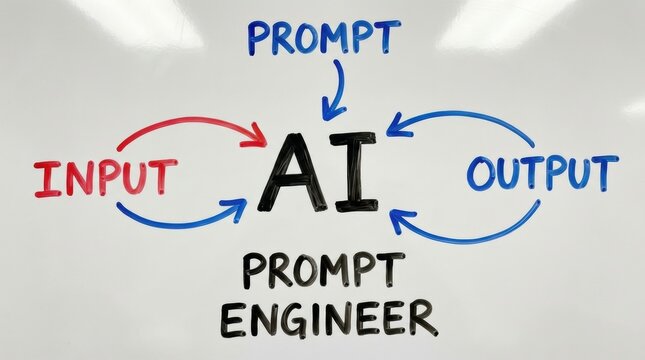Ai prompt engineer concept with input output cycle on whiteboard background