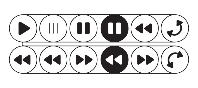 Music player control buttons for interface play pause rewind fast forward repeat shuffle icons set.