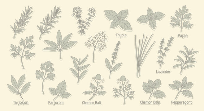 Illustrated culinary herbs collection on light background with shadows