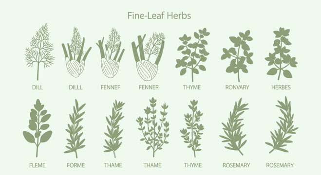 Illustrated fine leaf herbs collection dill fennel thyme rosemary variations