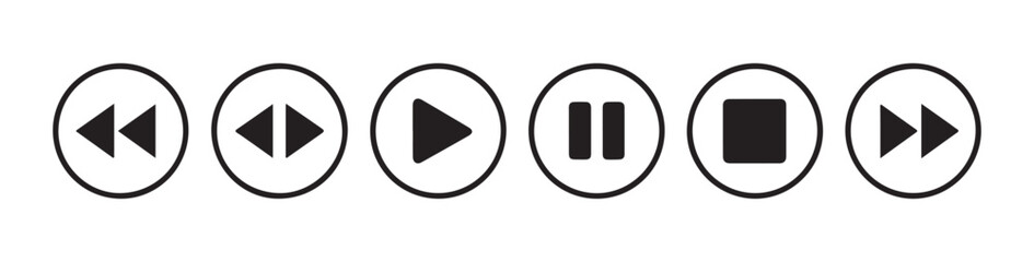Horizontal row of circular media control buttons featuring rewind skip play pause stop and fast forward. © Bd Artist