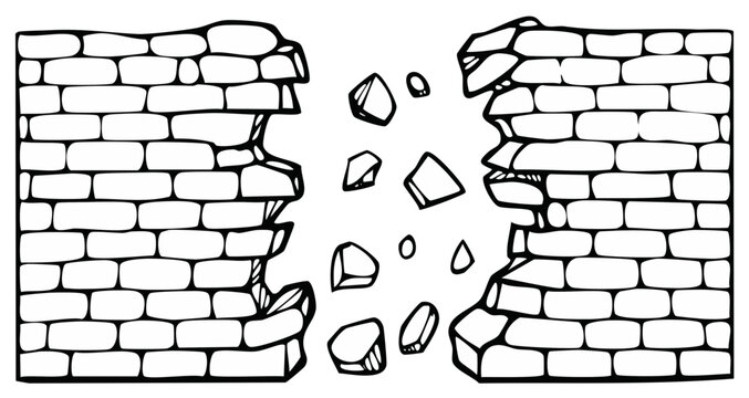 Broken brick wall with falling stones and rubble, vector illustration.