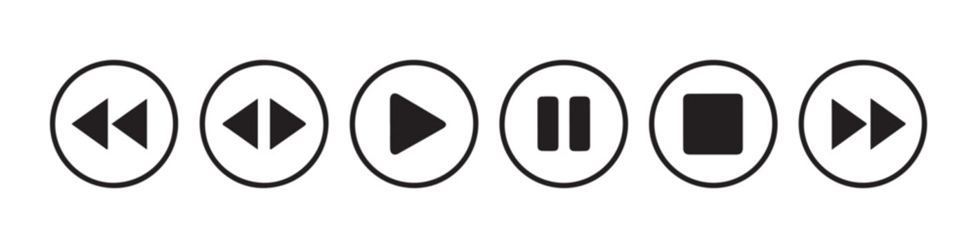 Horizontal row of circular media control buttons featuring rewind skip play pause stop and fast forward.