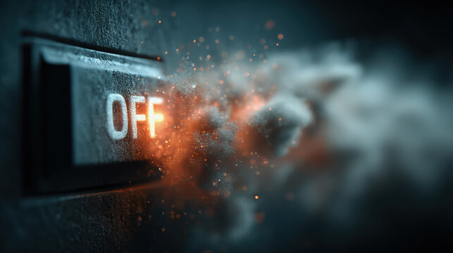 Power switch off electricity button smoke spark fire shutdown symbol on black panel with glowing ember and smoke, dramatic macro closeup