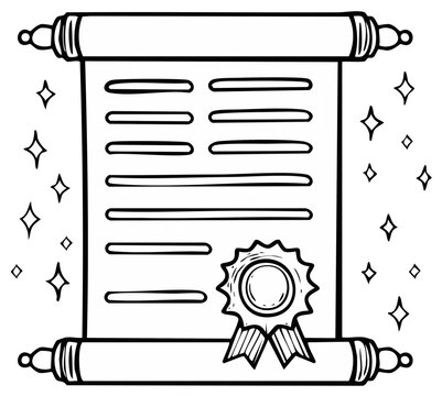 Illustrated scroll with lines and seal, magical ancient document with decorative ribbon and sparkling stars, fantasy lore