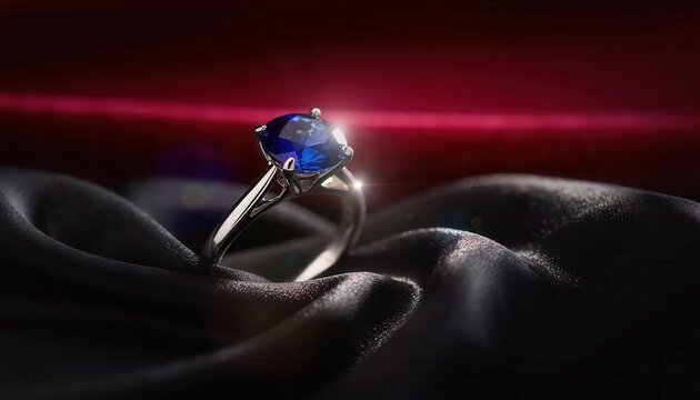 Close-up of a solitaire ring featuring a large round blue sapphire gemstone in a silver setting, resting on folds of black satin fabric against a blurred dark red background.
