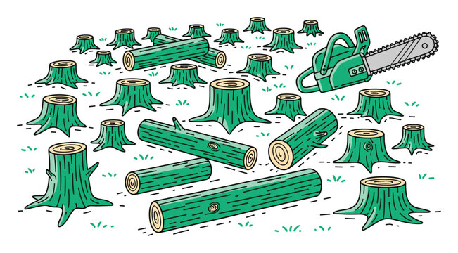 Deforestation scene with tree stumps, chopped logs, and a powerful chainsaw