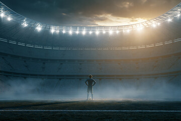 Athlete standing alone in huge illuminated stadium before competition, ideal for sports motivation and championship themed projects.