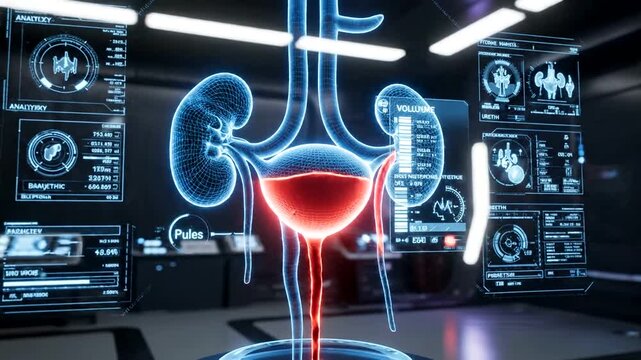 Futuristic Holographic Display Showing Human Urinary System Anatomy in Advanced Medical Research Laboratory.