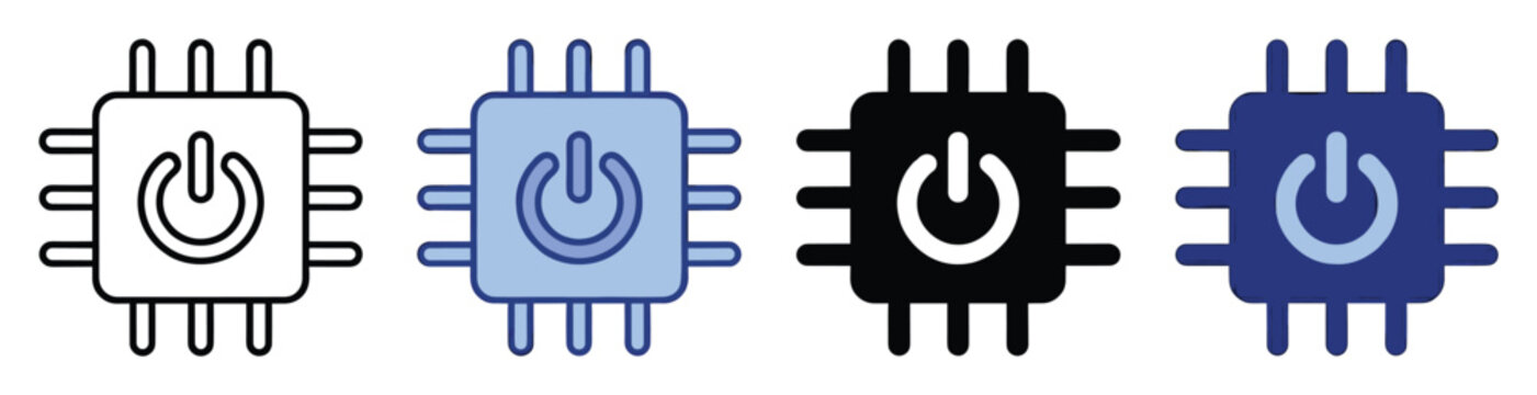 Computer chip with power button icon for system control and electronic startup applications
