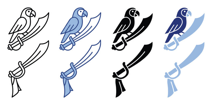 Classic pirate parrot and sabre icons ready for game assets, app UI, or adventure story graphics