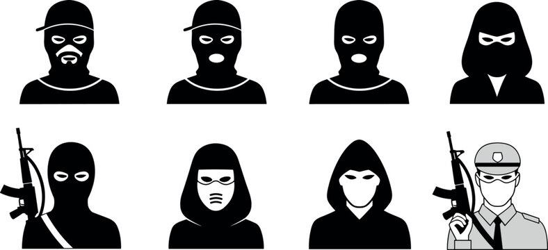 Criminal and masked characters vector illustration set, silhouettes of robbers, gangsters, and armed figures for crime, security, and danger concepts