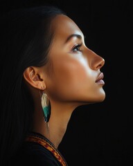 Fototapeta premium Beautiful Native American woman in profile portrait with striking natural features and dramatic studio lighting showcasing authentic indigenous beauty