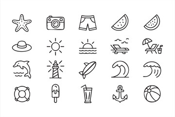 Summer beach vacation icons with sun wave surfboard dolphin lighthouse umbrella drink and seaside travel elements © Icon Nest