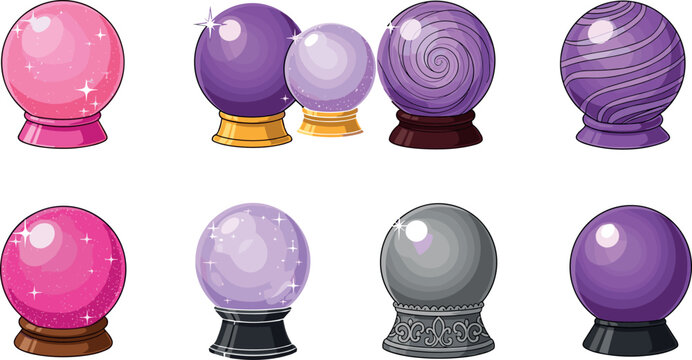 Crystal ball vector illustration collection, colorful magical orbs with glossy surfaces and decorative bases for astrology, fantasy, and mystical design