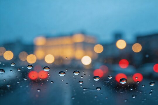 Raindrops on a car window at dusk