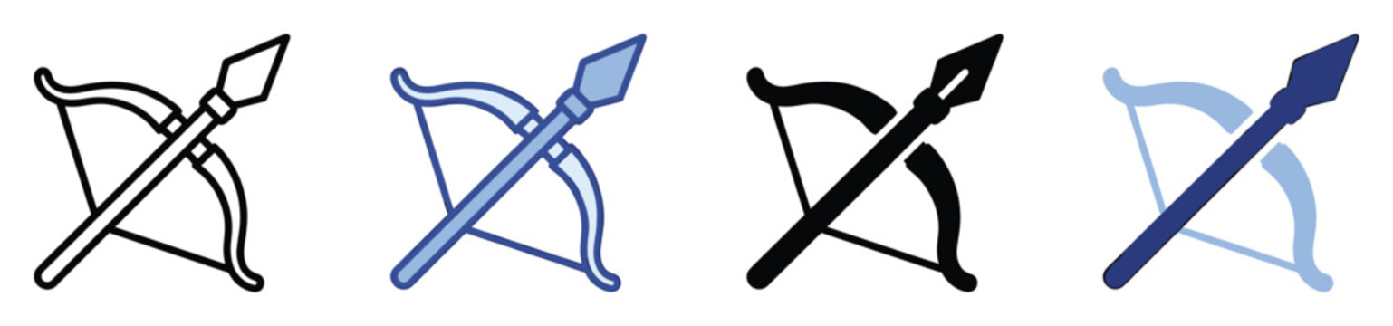 Hunting and warfare weapon icon set featuring crossed bow and spear symbols for various graphic resources and applications