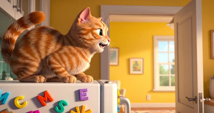 Playful orange tabby cat perched on a refrigerator in a bright, cheerful kitchen setting