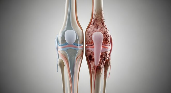 Comparison of healthy knee joint and damaged osteoarthritic joint. Medical anatomy and degenerative bone disease. 3D illustration showing normal versus inflamed skeletal knee structure