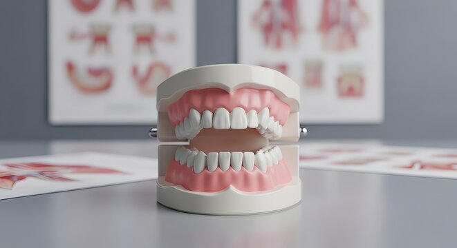 Human dental jaw model with white teeth on clinic table. Dentistry and oral hygiene education concepts. Artificial dentures and gums displayed in a medical office with posters