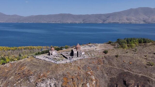 Drone Shot of Sevanavank Church and Lake Sevan Panorama