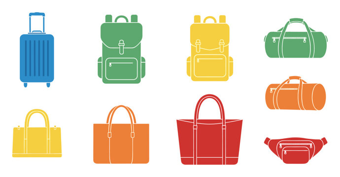 Colorful travel bags, suitcases, backpacks, and duffles for vacation trips