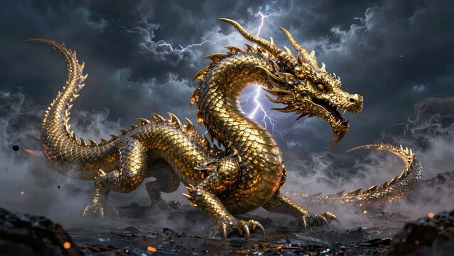 Epic Golden Dragon in Stormy Landscape with Lightning