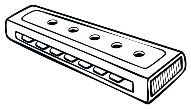 Simple line drawing of a diatonic harmonica with six holes above and rows of reeds below